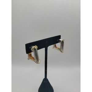Two Tone Square Hoop Earrings Silver Gold Tone Textured Post Back Geometric